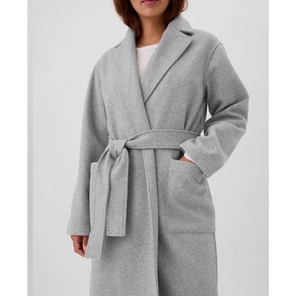 GAP Light Gray Coat New Belted Pockets Trench Long XL Wrap New Notch Collar